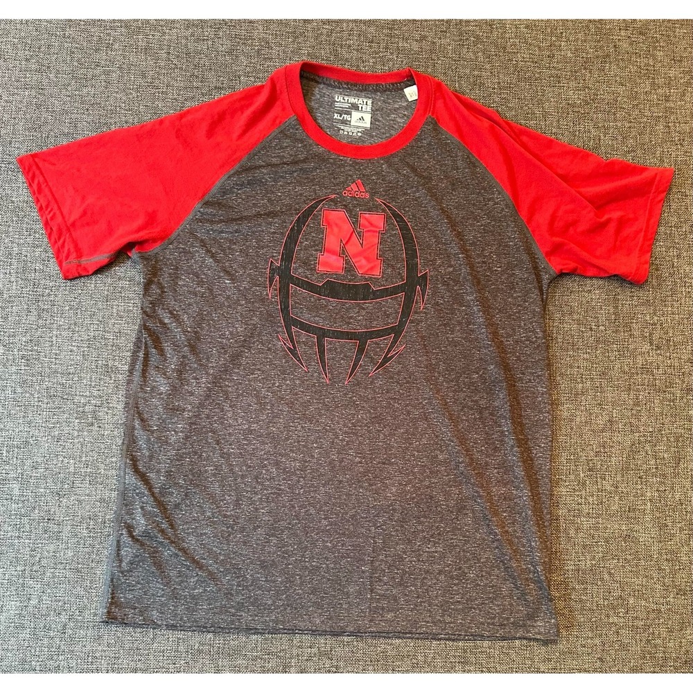 Adidas Mens XL T-Shirt Nebraska Cornhuskers Ultimate Tee Raglan Gray Red